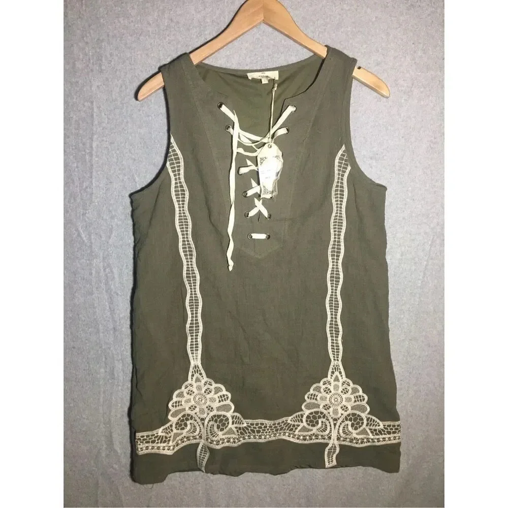 Womens NWT Entro Dress Olive Green White Lace Detailing Boho Spring Beachy